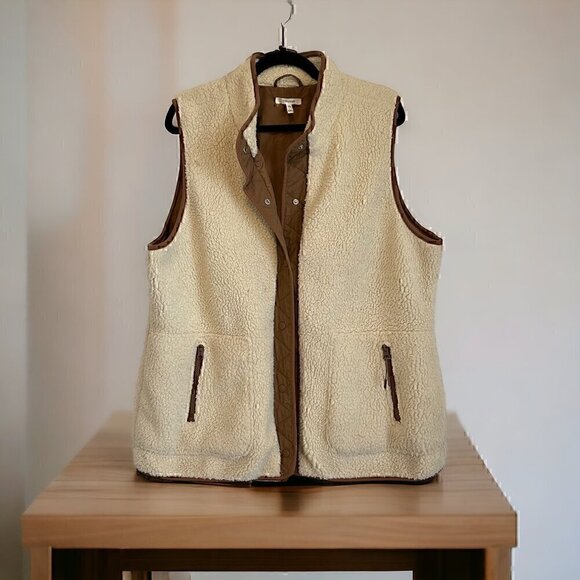 Faux fur warm fully lined women's vest XXL side pockets buttons beige brown - Picture 1 of 9